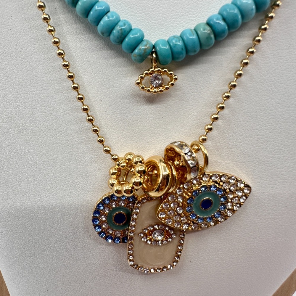 Turquoise & Gold Tone Beaded Evil Eye Layered Necklace Rhinestone Bohemian Gift - Picture 9 of 17